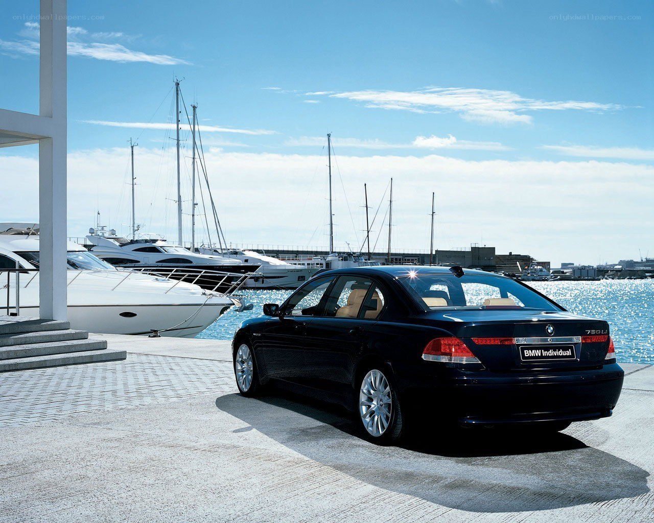 Black BMW at marina