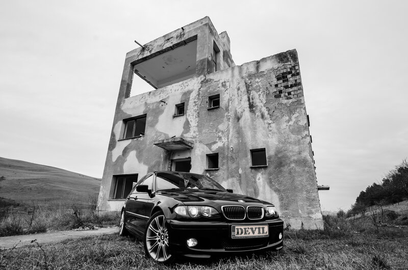 Black Bmw Car — Dramatic, Photograph, Abandoned Building