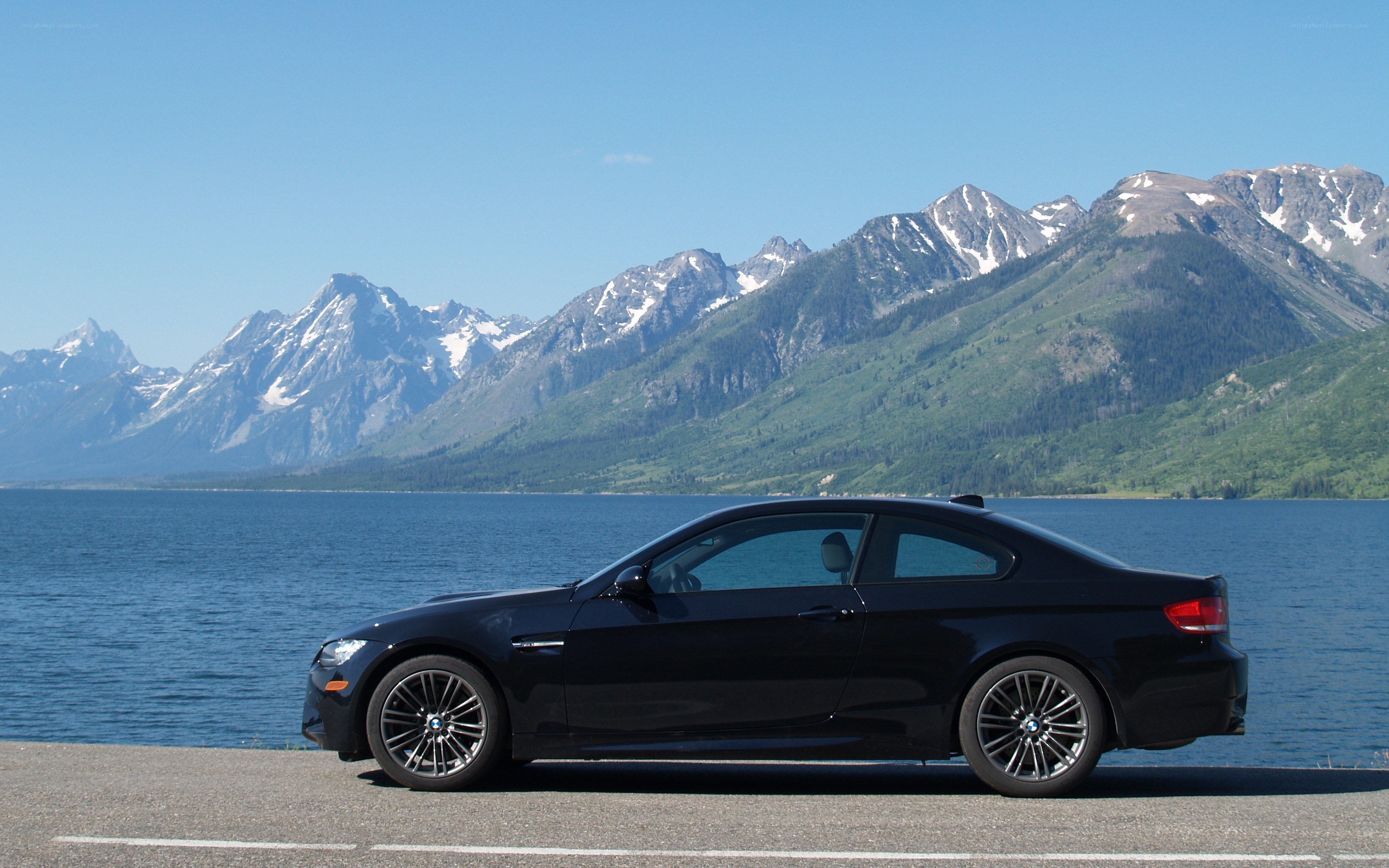 Black BMW coupe by a lake