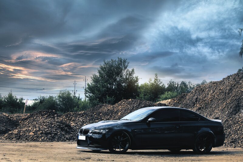 Black BMW Coupe — Dramatic, Sunset, Photograph, Car, Dirt Pile