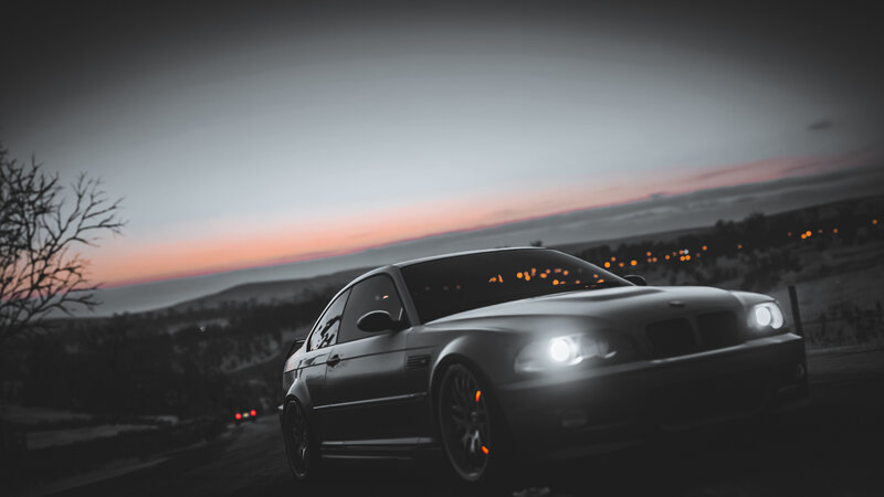 Black BMW Coupe — Gray, Dramatic, Sunset