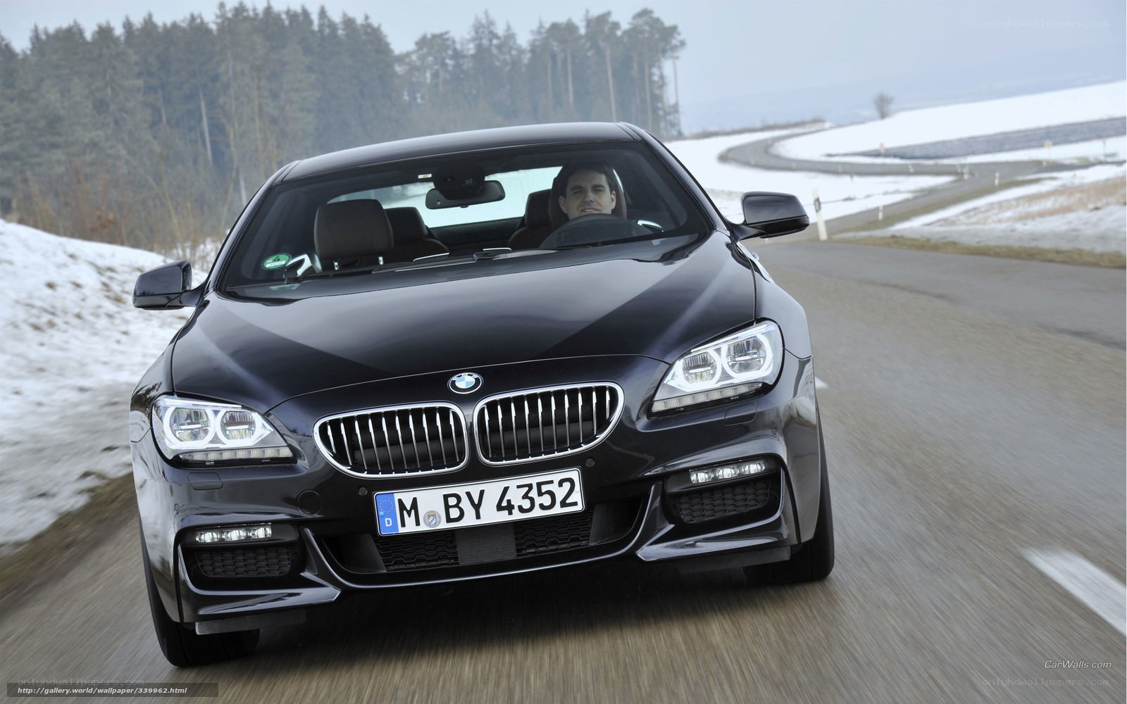 Black BMW driving on snowy road