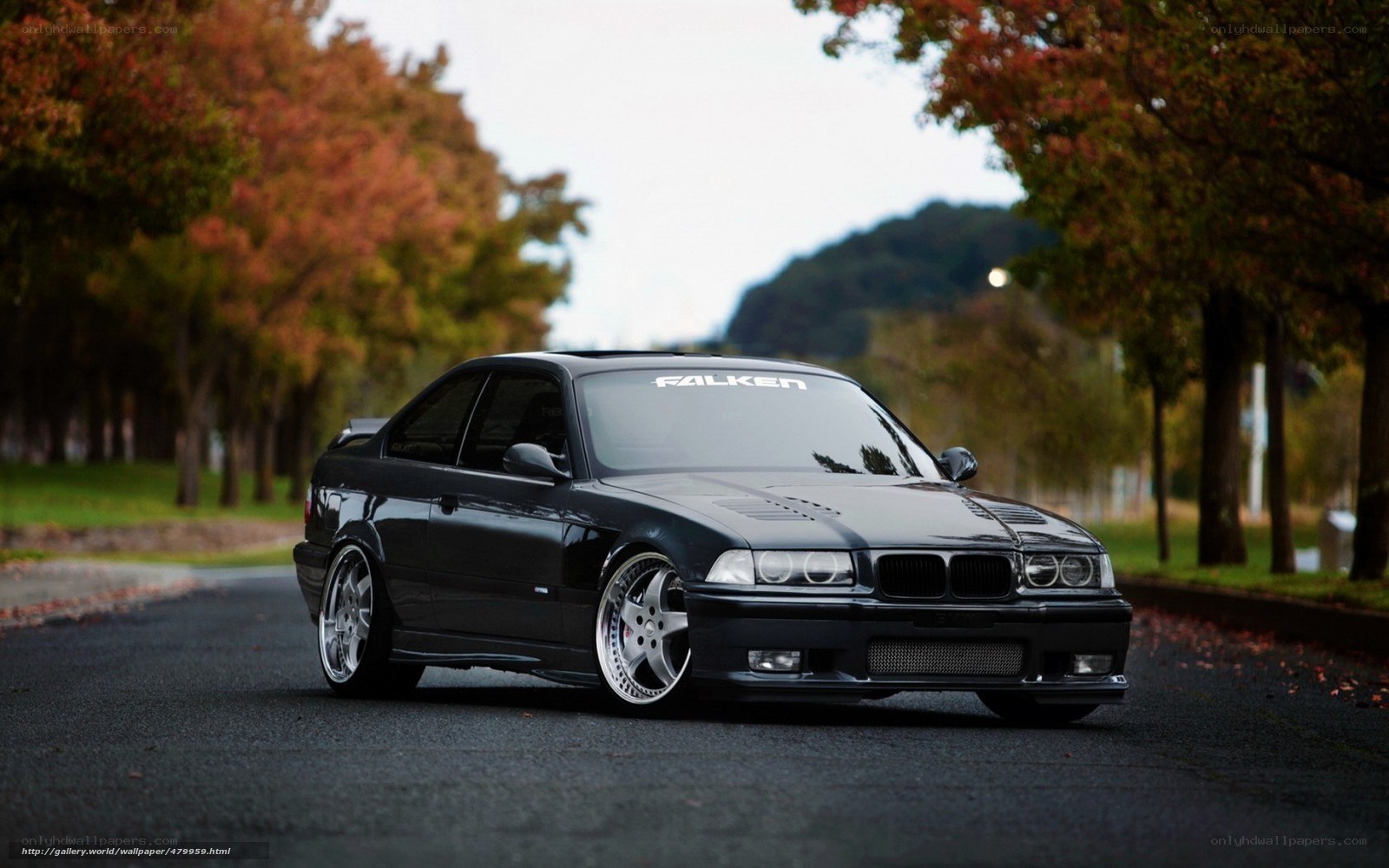 black bmw e36 on autumn road