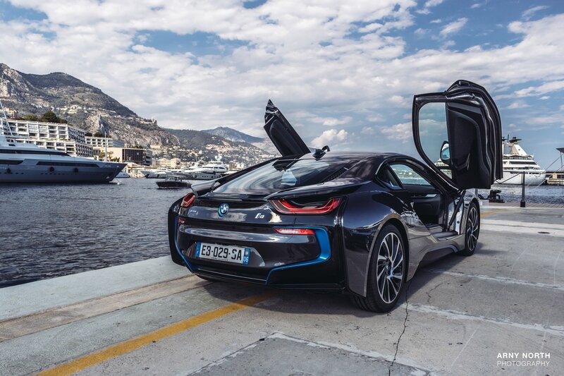 Black BMW I8 Car — Dramatic, Afternoon, Photograph, Yachts