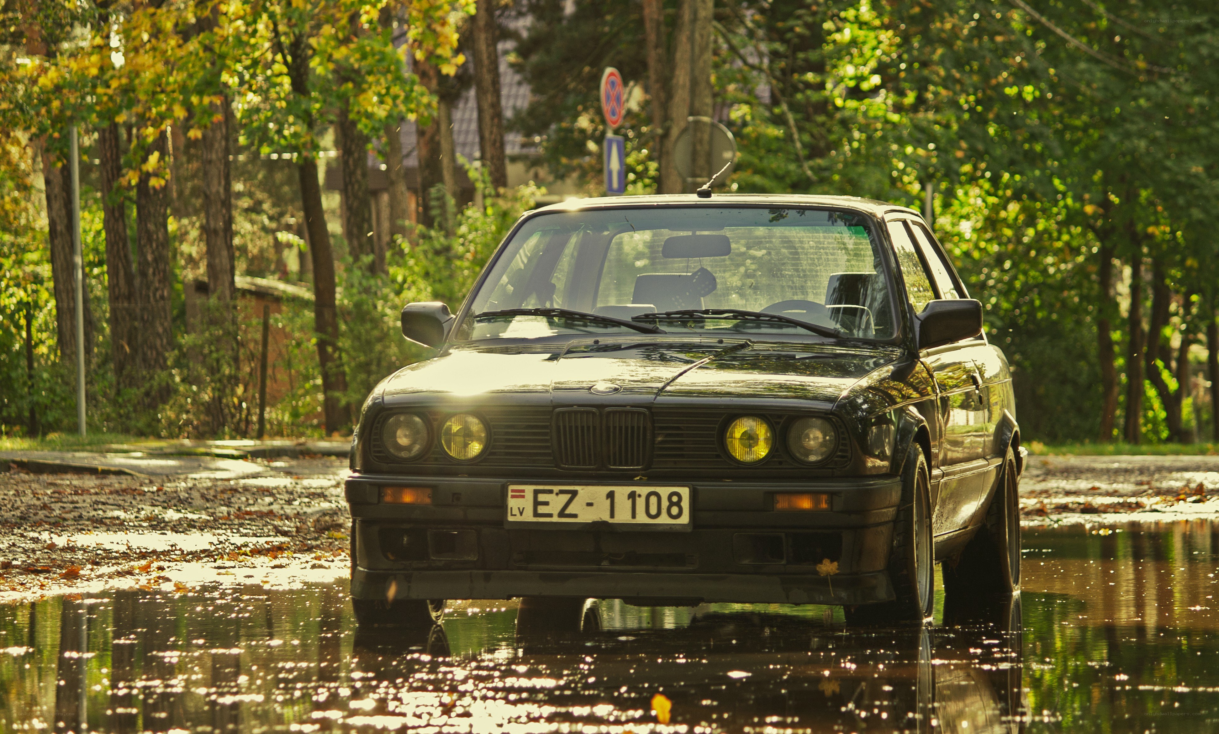 Black BMW in a puddle