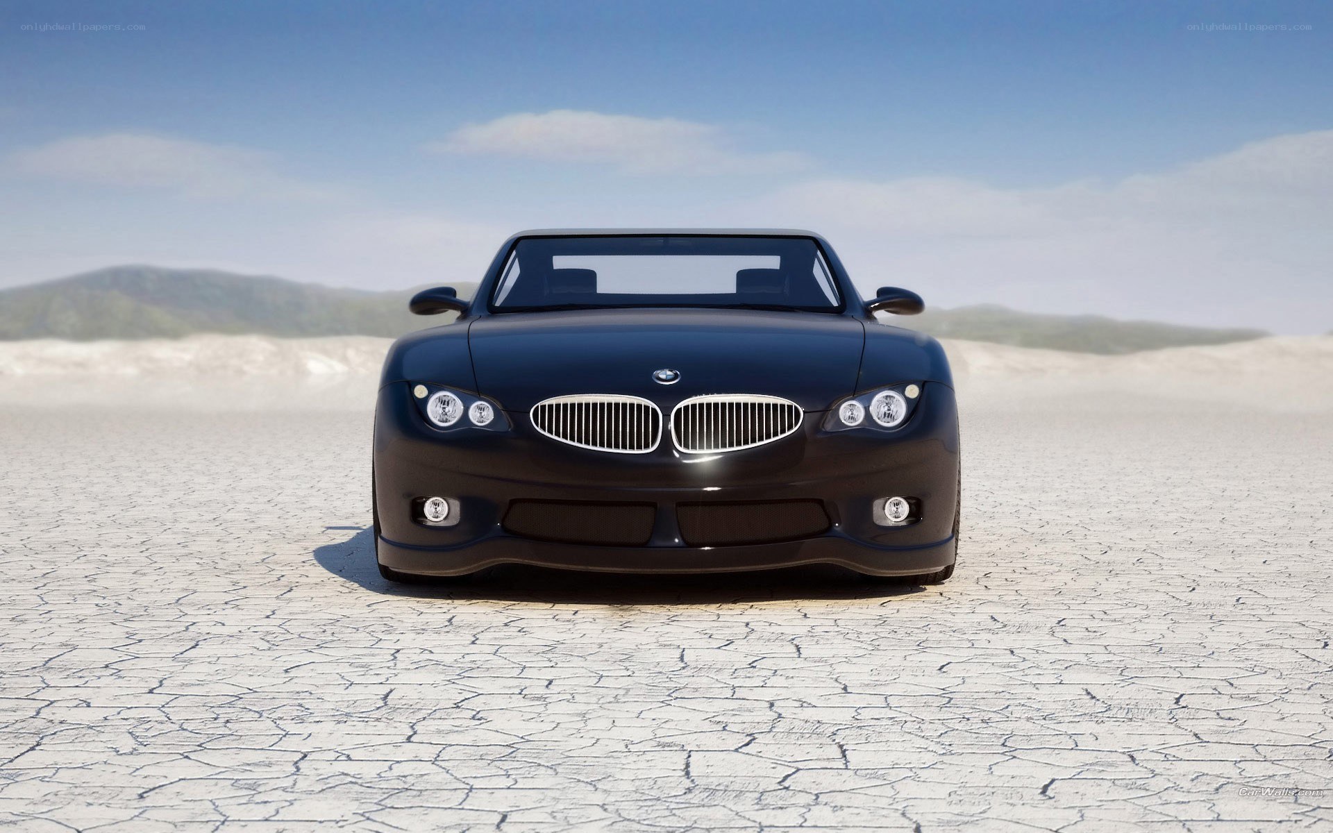 Black BMW in desert landscape
