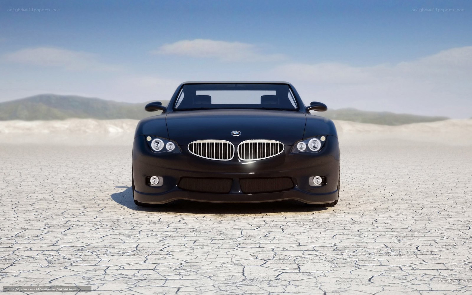 Black BMW in desert landscape