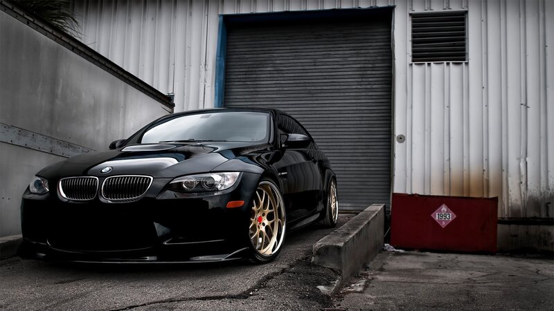 Black Bmw M3 Car — Dramatic, Photograph, Garage Door, Gold Wheels