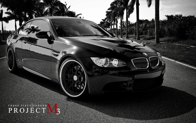 Black BMW M3 on a palm-lined road