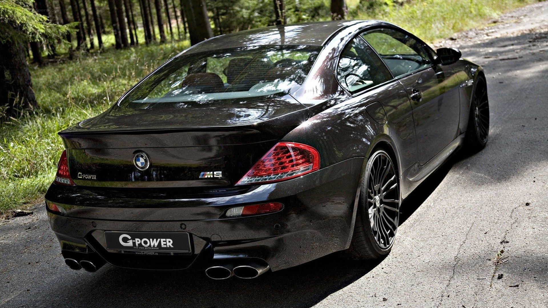 Black BMW M6 on forest road