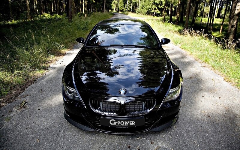 Black BMW on forest road