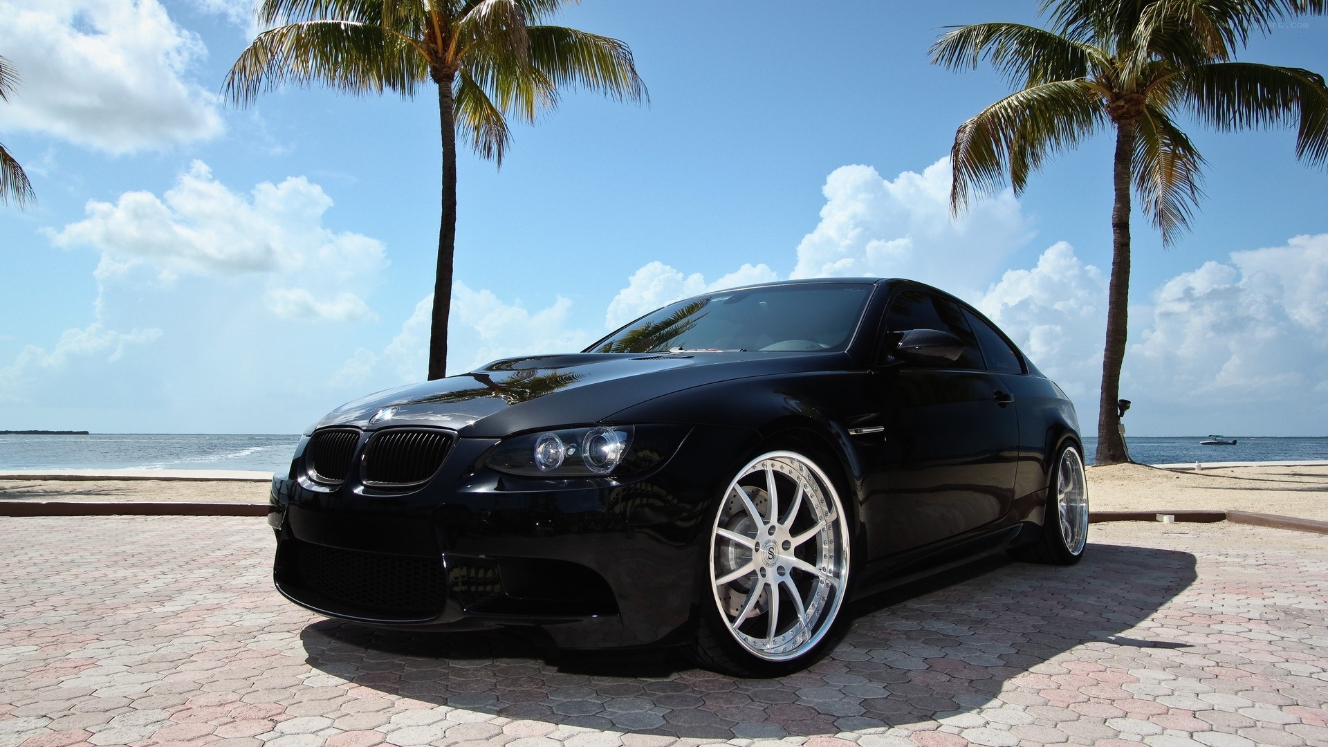 Black BMW on tropical beach