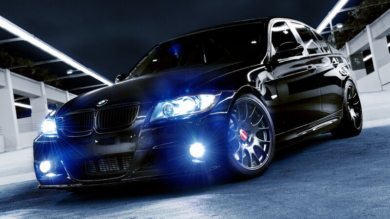 Black BMW Sedan — Dramatic, Night, Photograph, Car, Headlights, Wheel, Blue, 7l