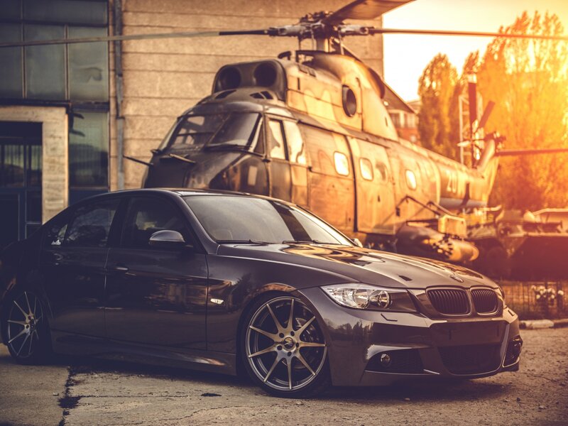 Black BMW Sedan — Dramatic, Sunset, Photograph, Helicopter, Building, Trees