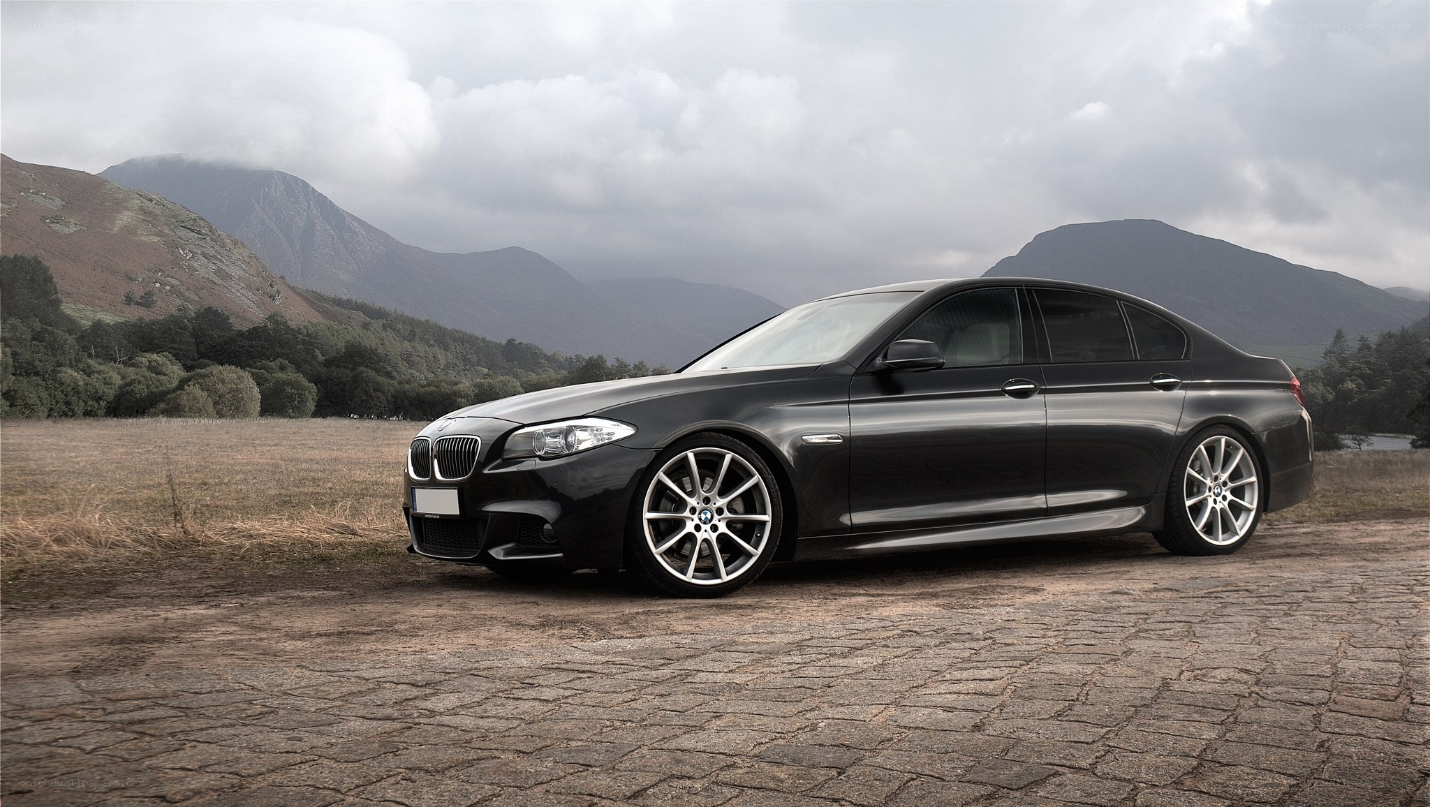 Black BMW sedan in mountain landscape