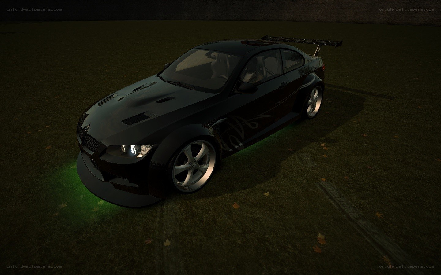 black bmw with green lights