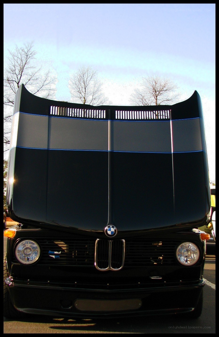 Black BMW with raised hood