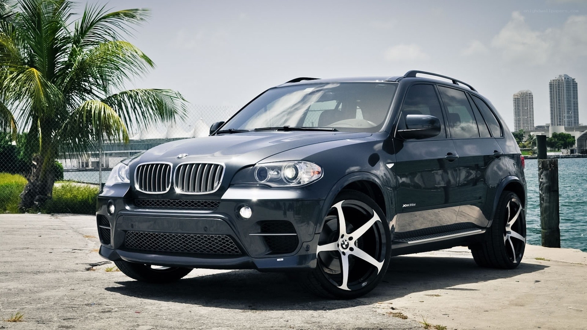 Black BMW X5 by the water