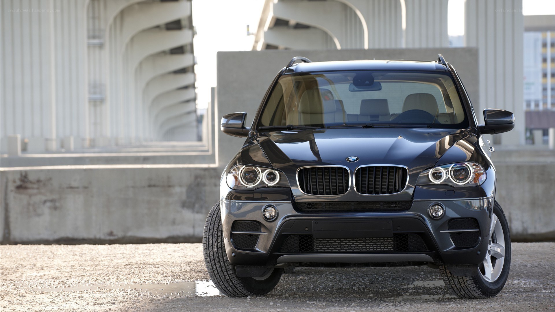 Black BMW X5 parked under bridge