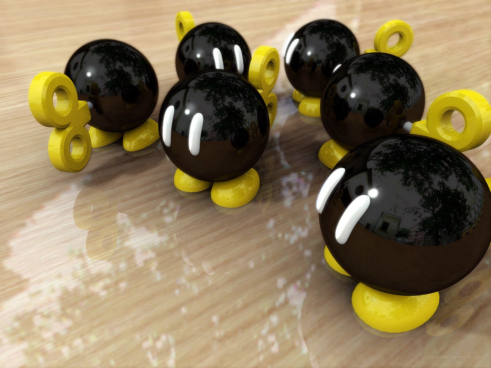 Black bomb characters on wood