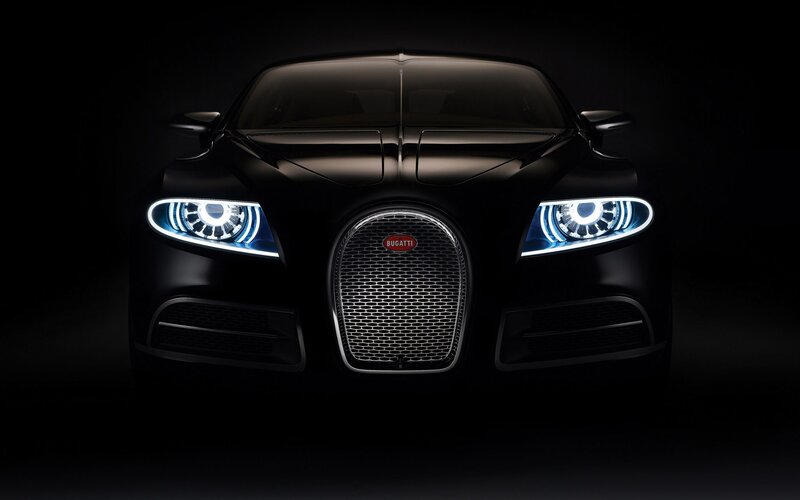 Black Bugatti Car — Dramatic, Night, Photograph, Headlights, Grille, Windshield