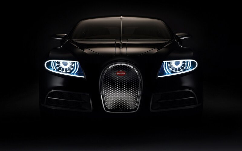 Black Bugatti Car — Dramatic, Night, Photograph, Headlights, Grille, Windshield, White