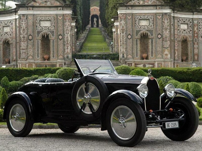 Black Bugatti Type 35 in garden