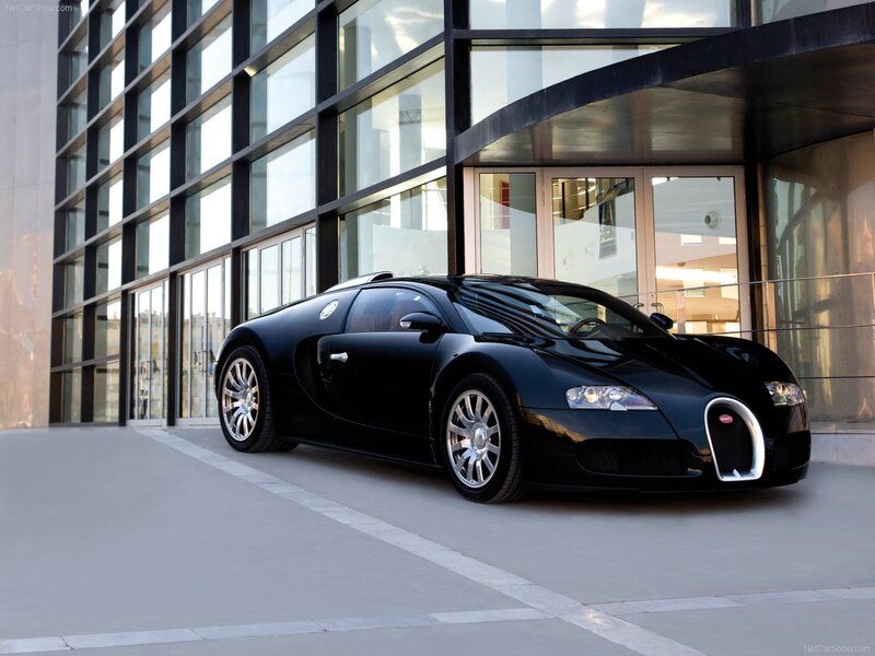 Black Bugatti Veyron — Dramatic, Afternoon, Photograph, Building, Glass Windows, Concrete Pavement