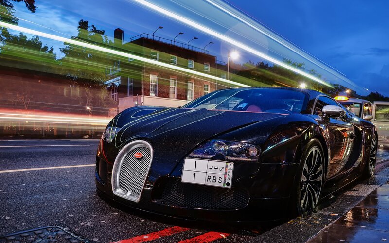 Black Bugatti Veyron — Dramatic, Night, Photograph, Car, Street