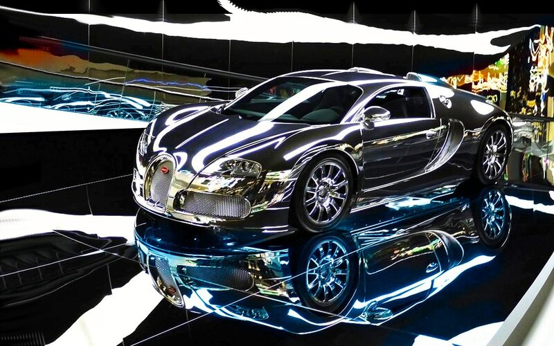 Black Bugatti Veyron — Dramatic, Photograph, Car, Showroom, Reflection, Silver, Blue