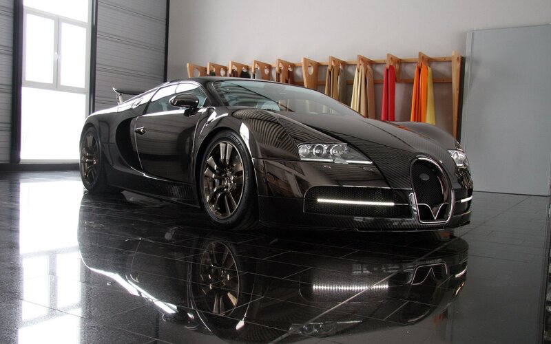 Black Bugatti Veyron — Modern, Photograph, Car, Showroom, Floor Reflection