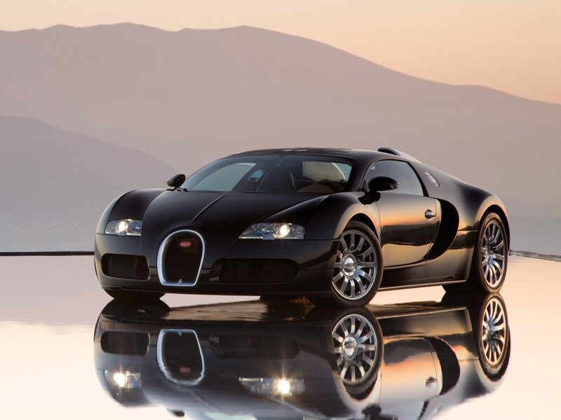 Black Bugatti Veyron — Serene, Sunset, Photograph, Mountains