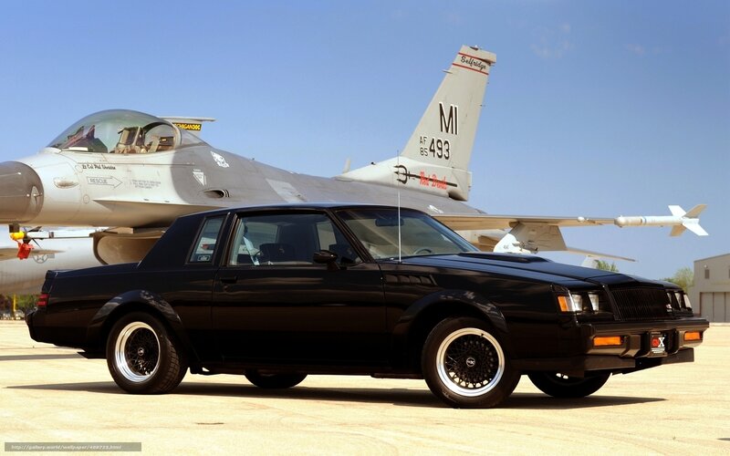 Black Buick Grand National with fighter jet