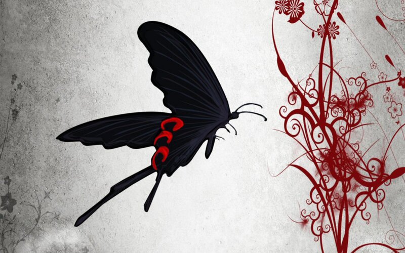 Black Butterfly with Red Markings — Dramatic, Digital Art, Flowers, Swirls, Grunge Background