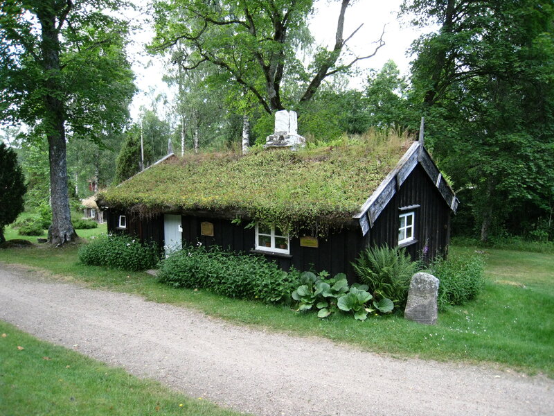 Black Cabin with Green Roof