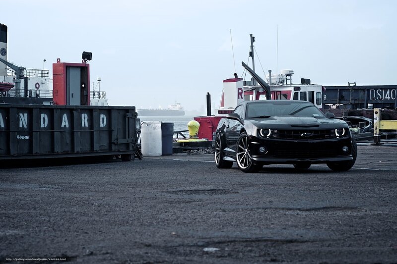 Black Camaro at a port