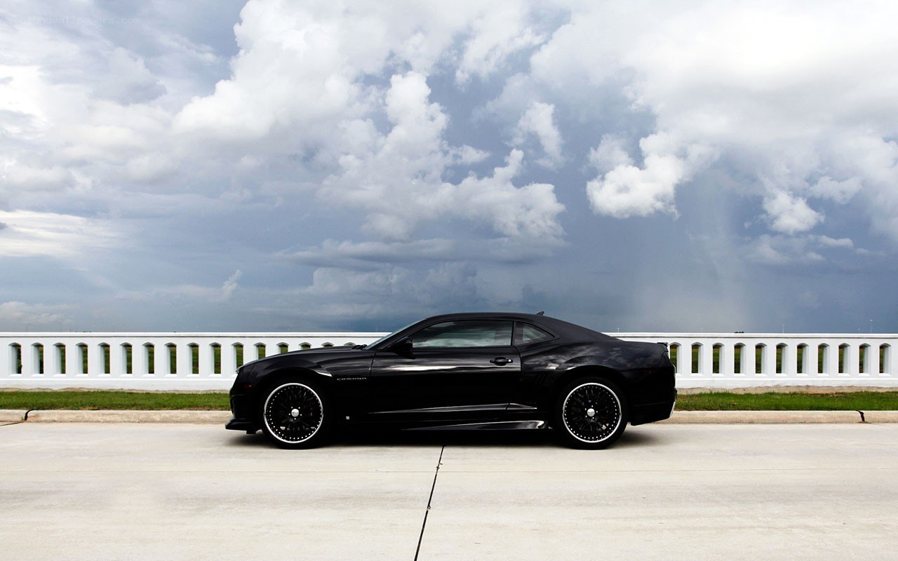 Black Camaro on a cloudy day