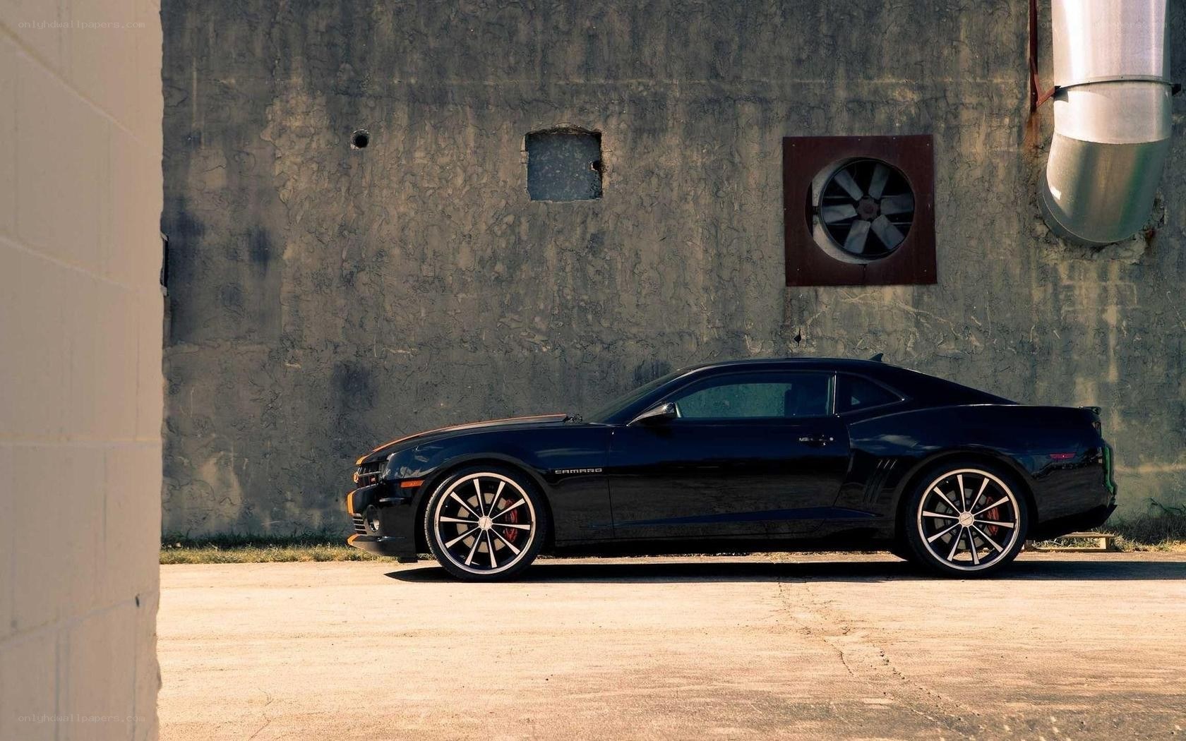 Black Camaro parked by wall