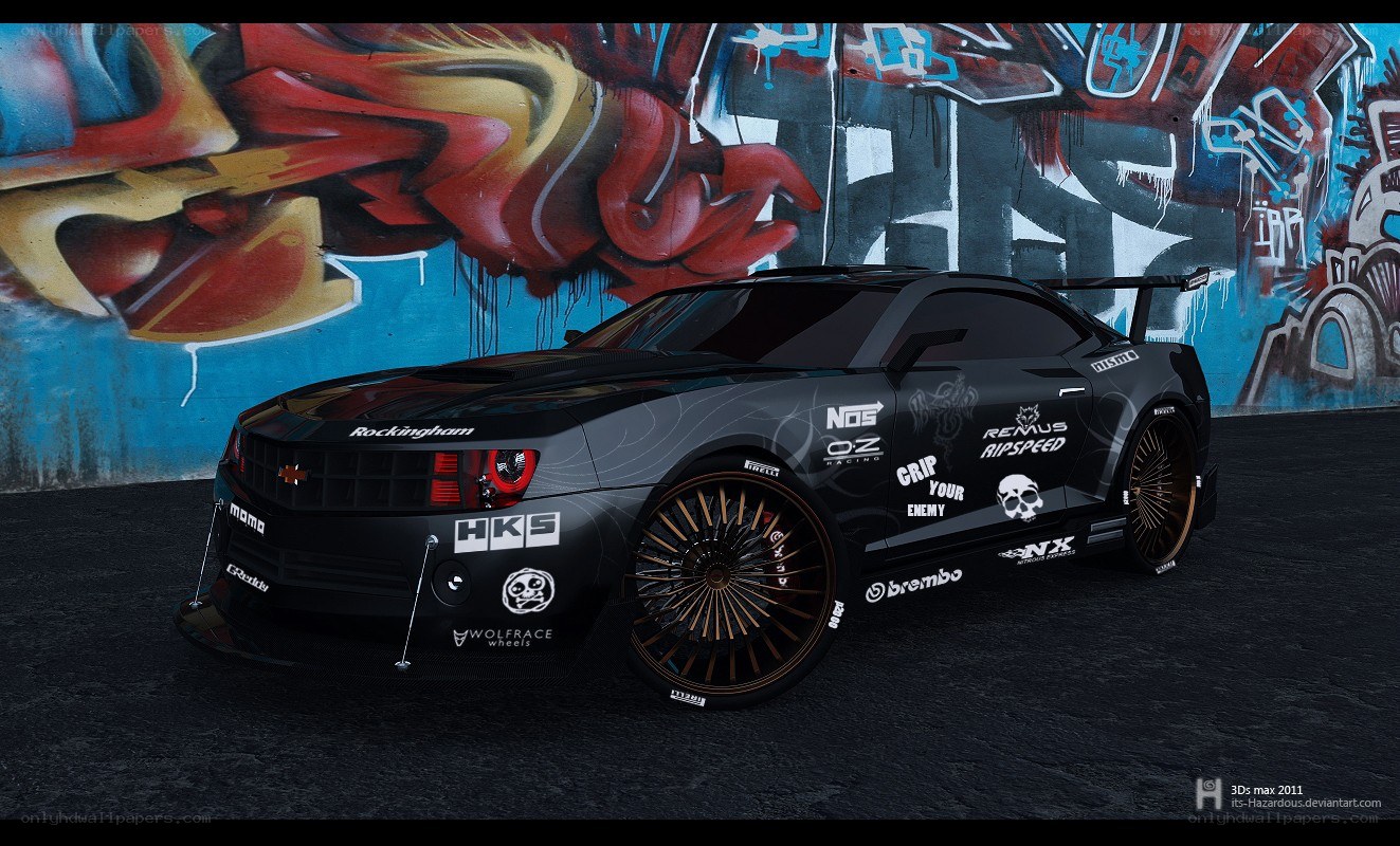 Black Camaro with graffiti background