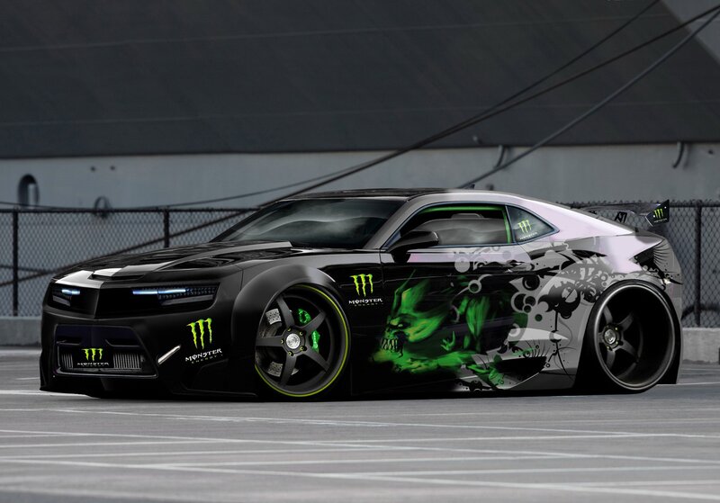 black camaro with monster energy livery