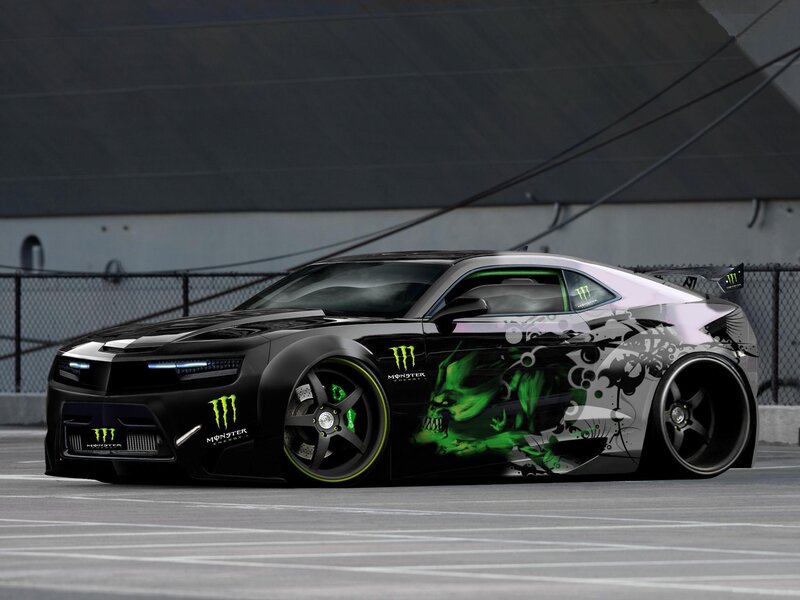 black camaro with monster energy livery