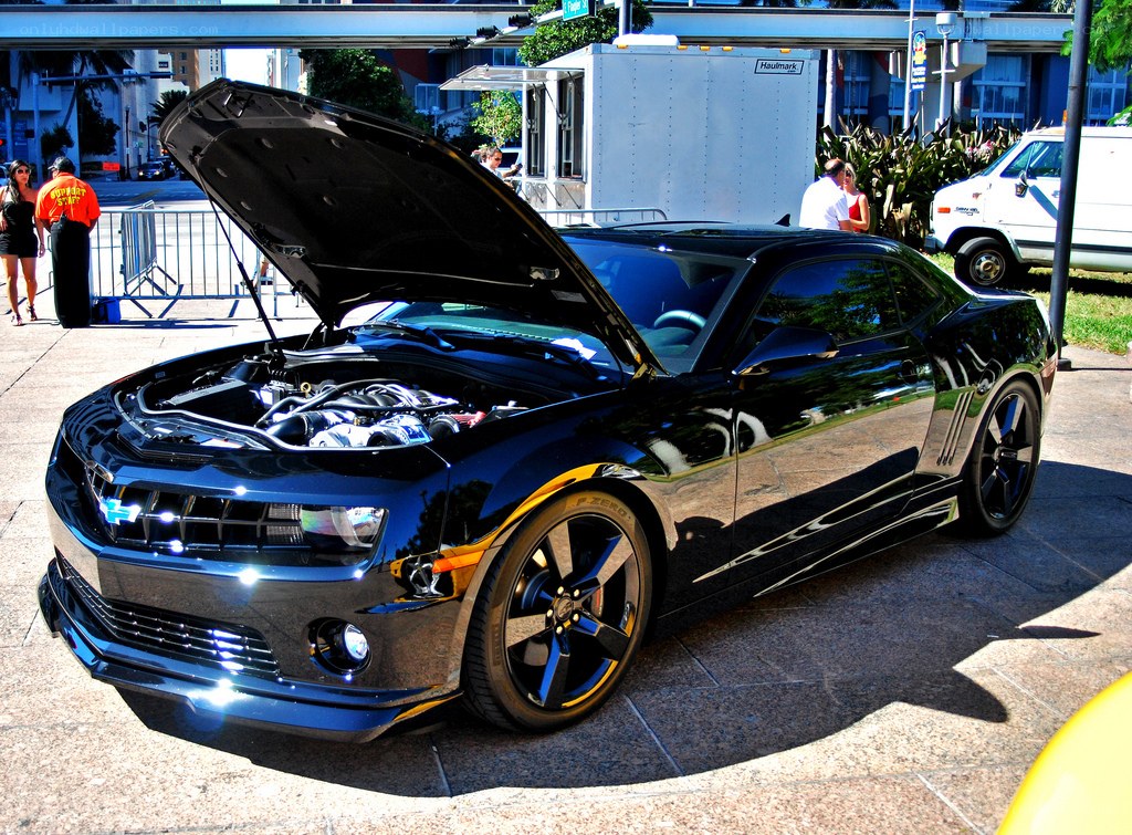 Black Camaro with open hood