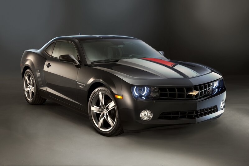 Black Camaro with racing stripes