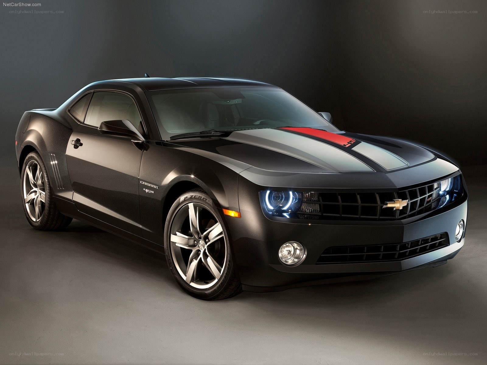 Black Camaro with racing stripes