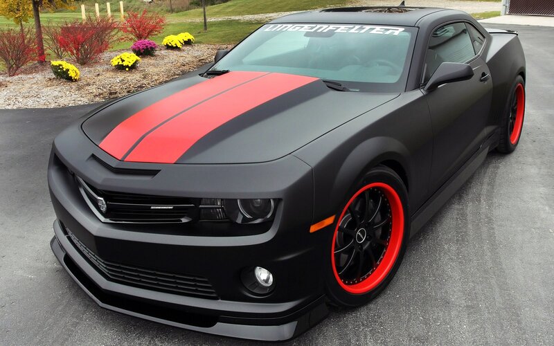 Black Camaro with red stripes