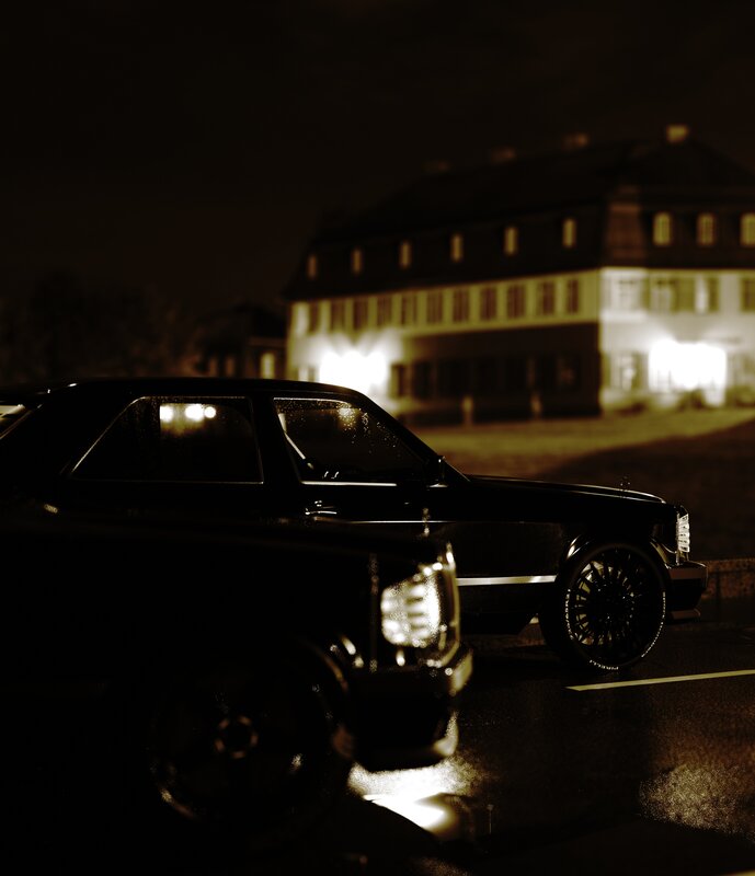 Black Car at Night — Dramatic, Photograph, Building