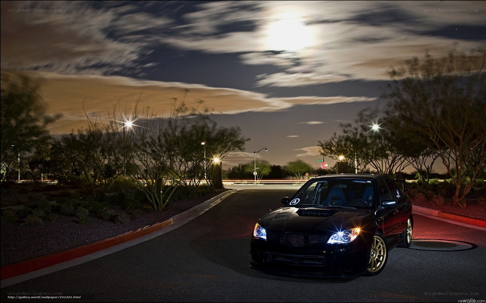 Black car at night under moonlight
