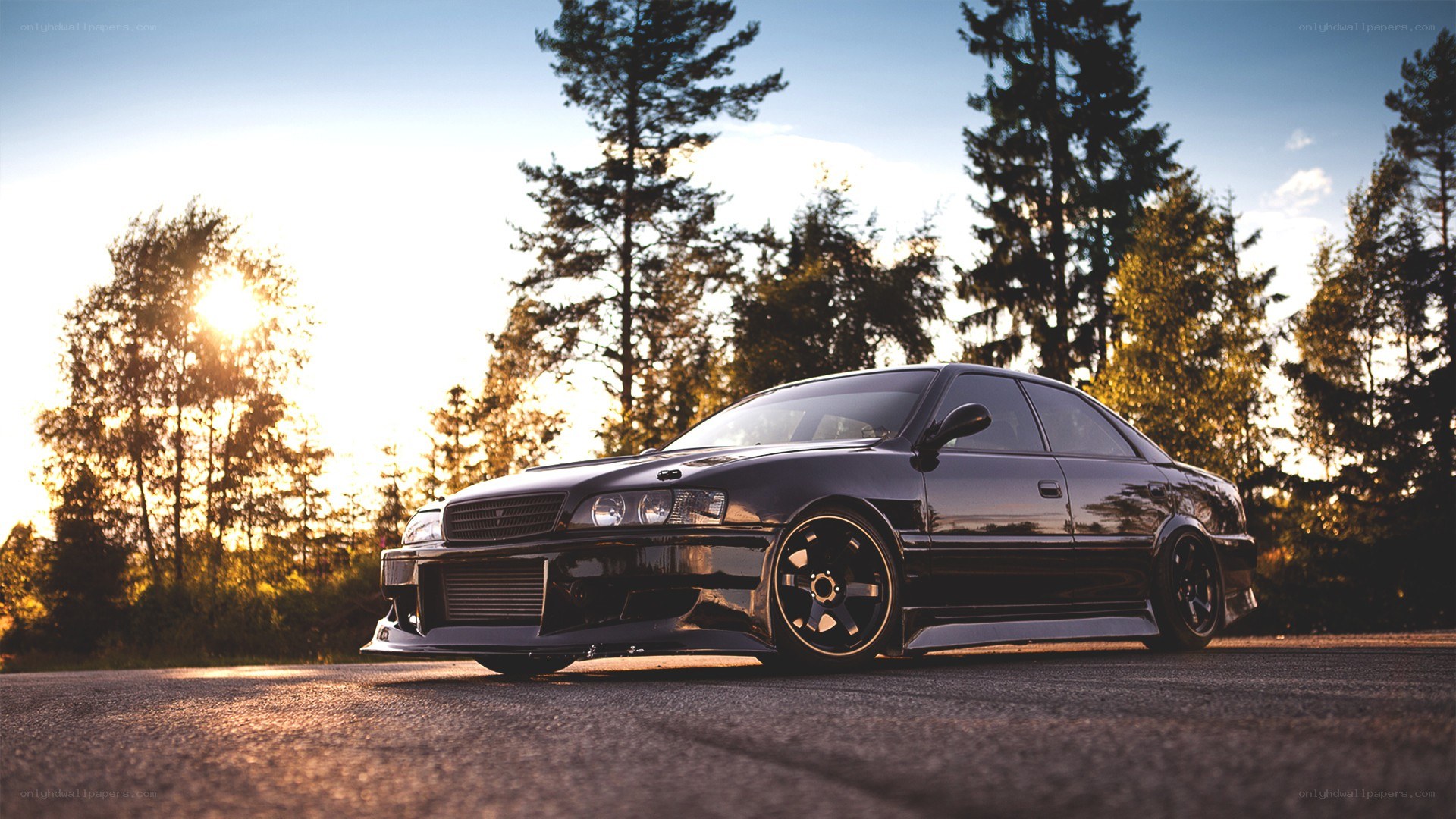 black car at sunset in forest