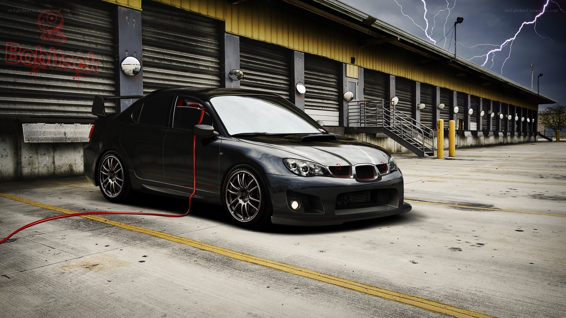Black car charging in storm