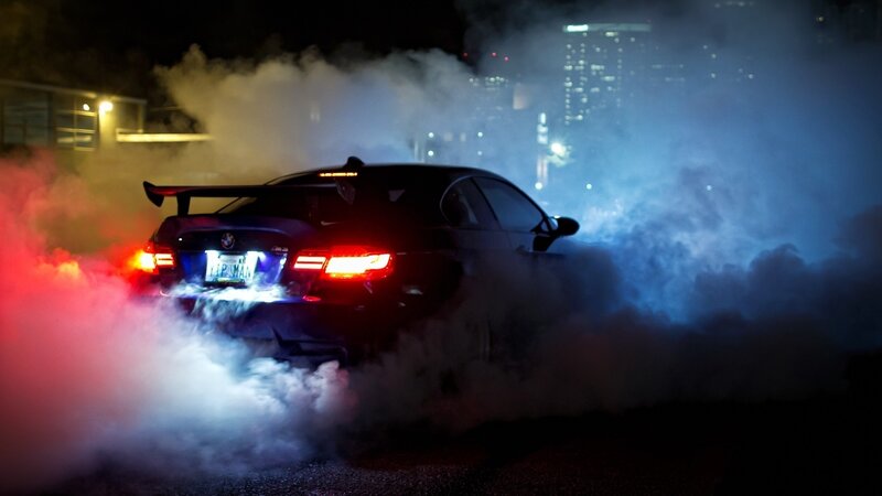 Black Car Drifting — Dramatic, Night, Photograph, Smoke, City Lights